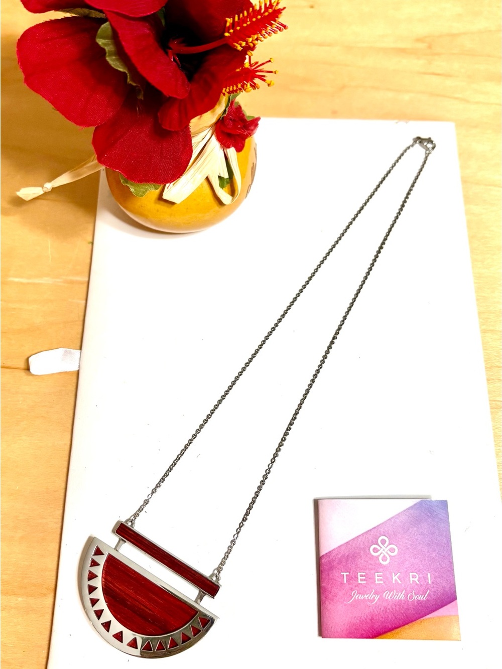 Rare find Red birch Wood & Silver Geometric Pendant, India NWT by Teekri.